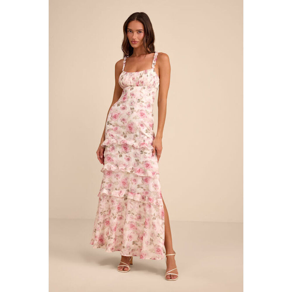 Lulus Remiette Cream Floral Ruffled Empire Waist Maxi Dress White - Size M
